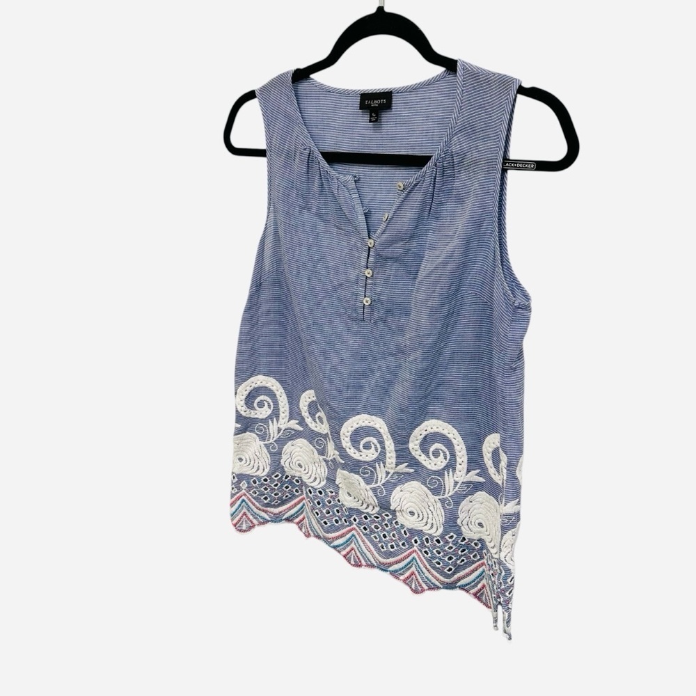 Talbots blue white striped top with embroidery and scalloped hem spring summer - Picture 4 of 11